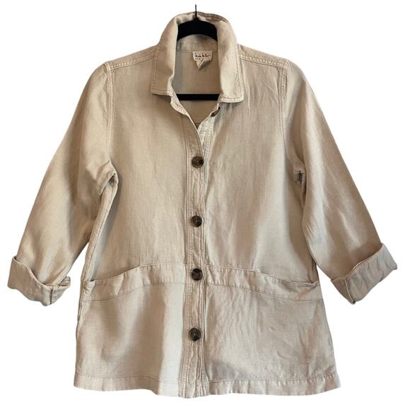 Nicole Miller Khaki Linen Safari Jacket Blazer Womens Small Casual Coastal - Picture 3 of 9